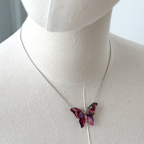 Silver Tone Chain Purple Faux Mother Of Pearl Deco Butterfly Pendant Necklace - Picture 1 of 6